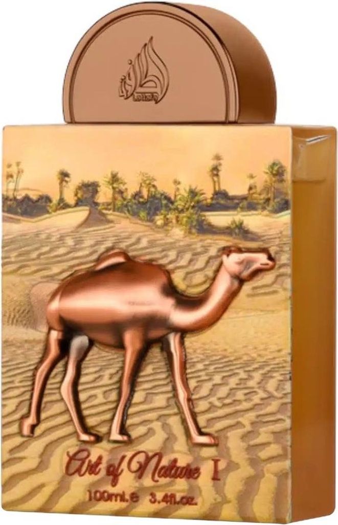 A perfume bottle with a desert scene and a camel embossed on it.