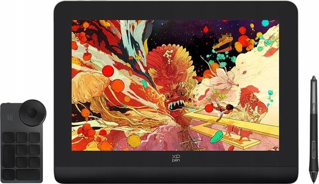 A digital drawing tablet and its accessories are displayed against a white background.