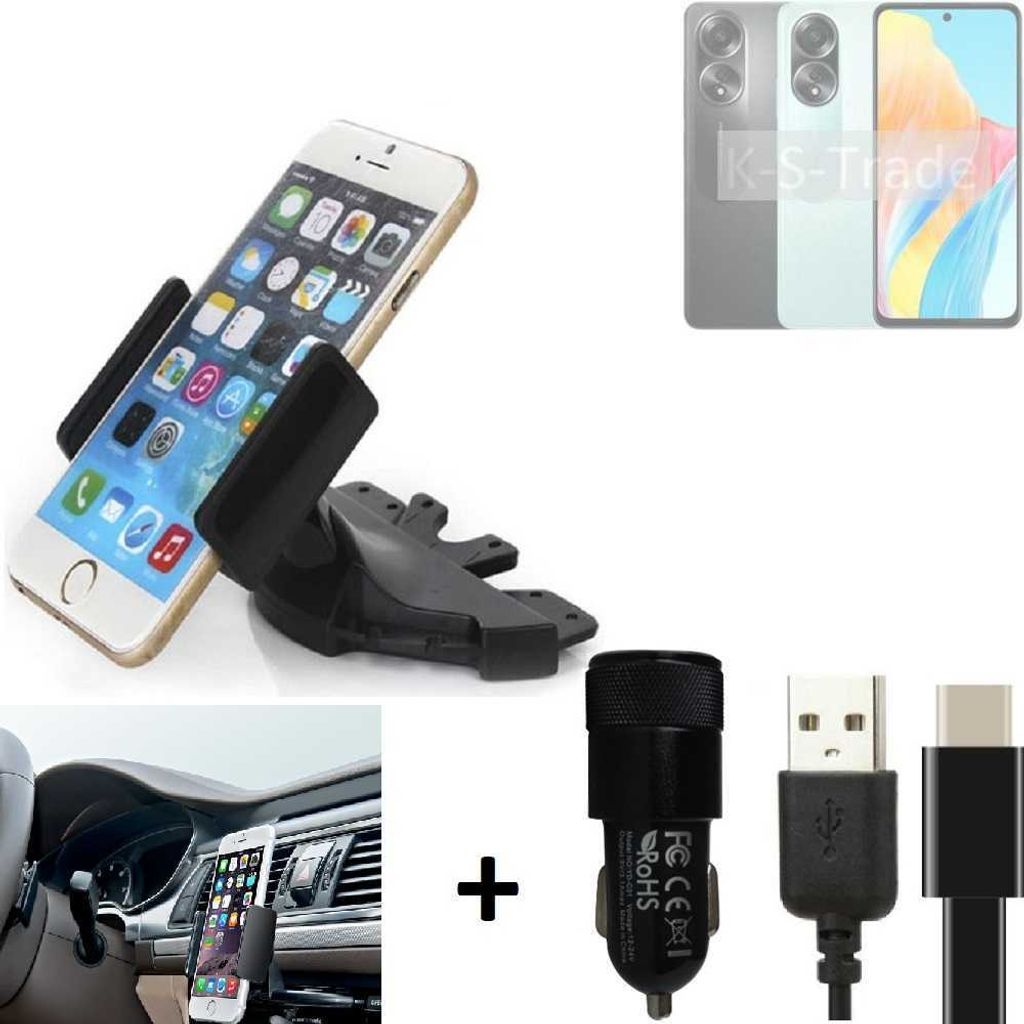 K-S-Trade CD Schlitz Handy-Halterung kompatibel mit Oppo A58 4G Autohalterung KFZ-Halter Radio Handy Halterung 360° drehbar CD-Schacht inkl. USB-C