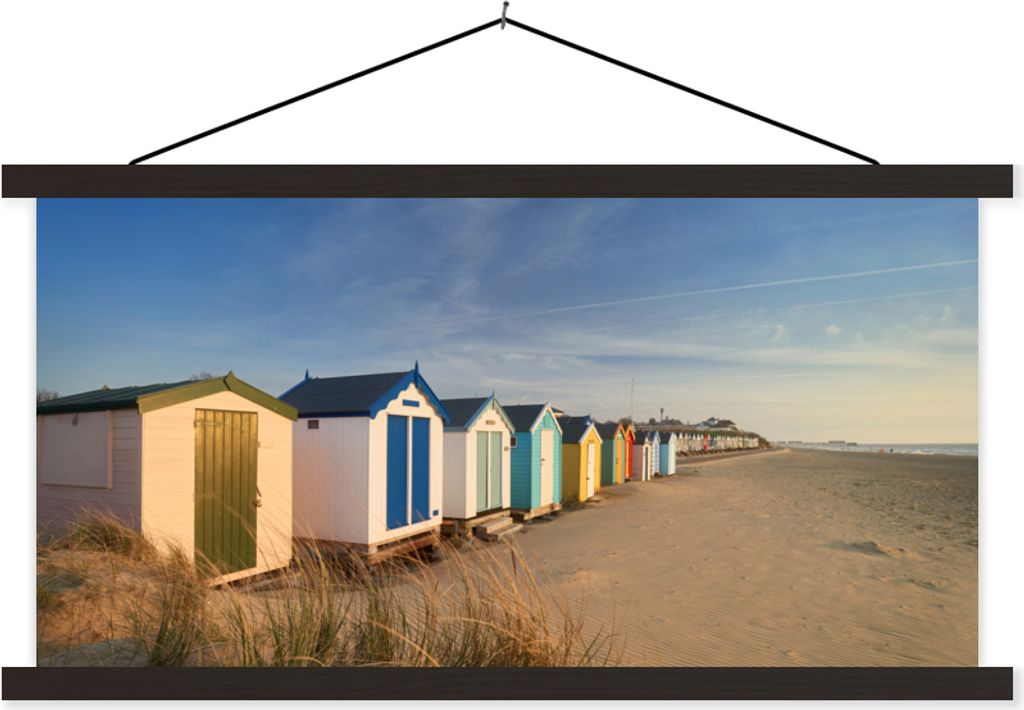 MuchoWow Textilposter Strand - Hütte - Farben 90x45 cm mit schwarzem Rahmen - Klemmleisten