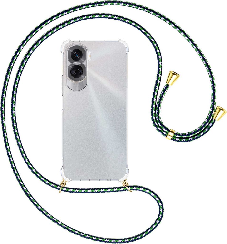 Handykette Backcover-Schutzhülle mit Band (Metall goldfarben) für Honor 90 Lite 5G (6.7'') - grün/blau/weiß