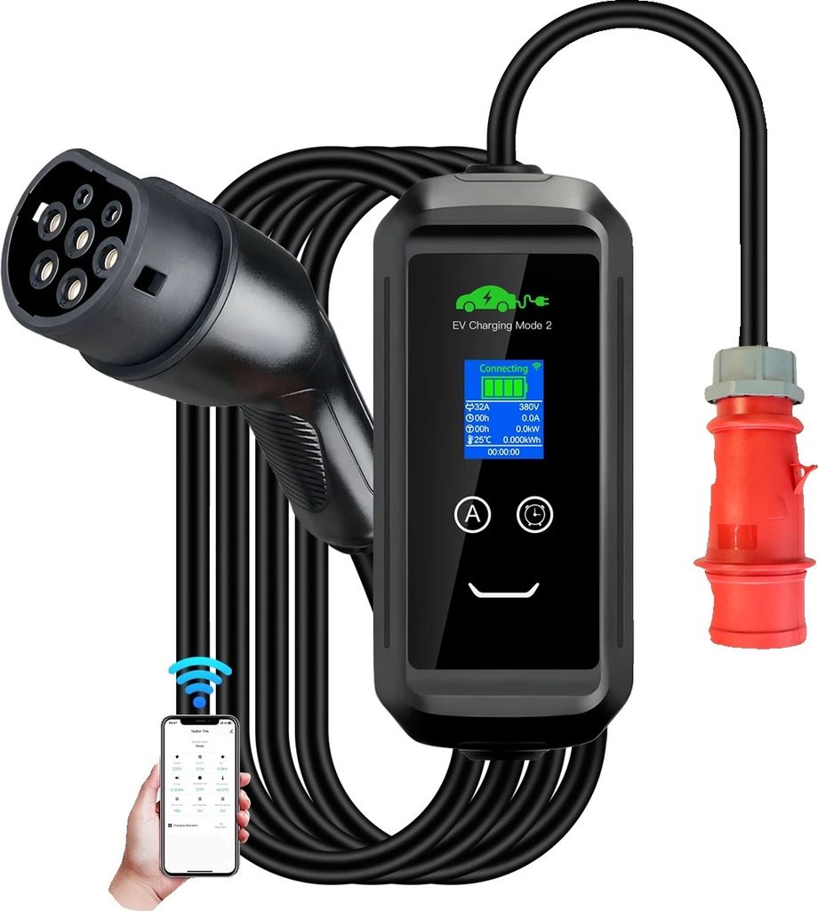 Tragbares EV-Ladegerät, Smart Tuya App-Steuerung, Einstellbarer Strom, 22kw-Gesamt 10M, TYP2