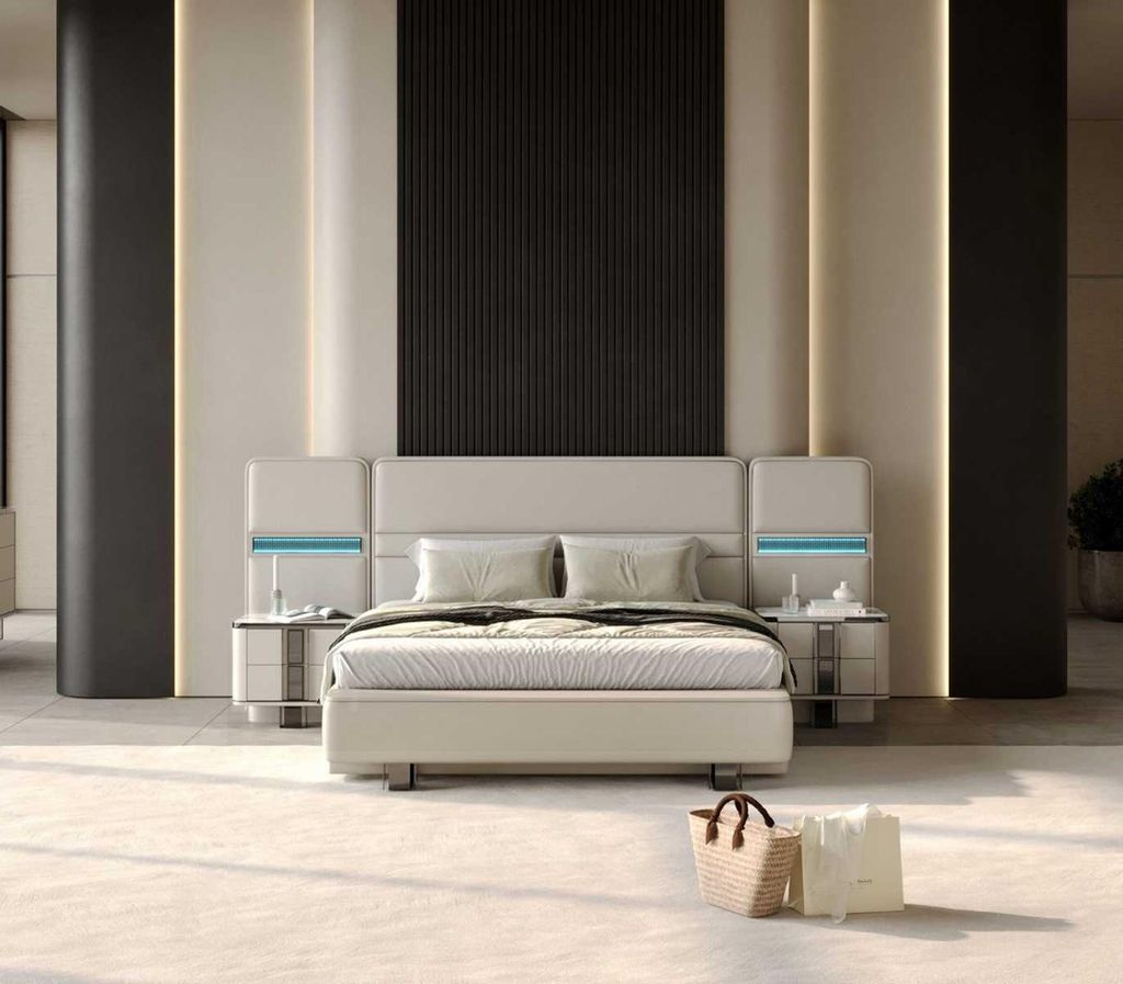 Designer Beige Schlafzimmergarnitur Polsterbett 2x Holz Nachttische