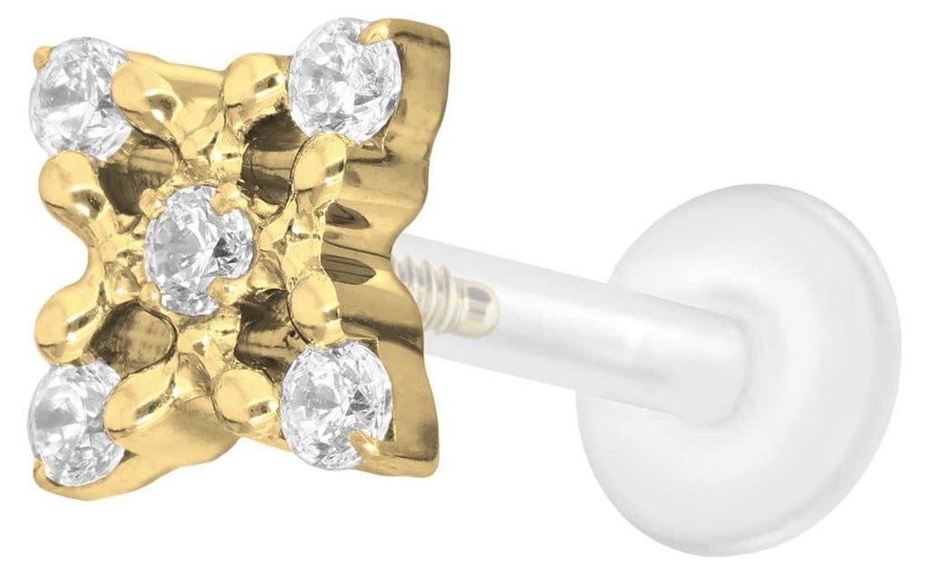 Ohrpiercing, Nasenpiercing PTFE Labret mit Innengewinde + Titan-Aufsatz KRISTALLBLUME Gold Stablänge: 9mm | Stabstärke: 1,2mm