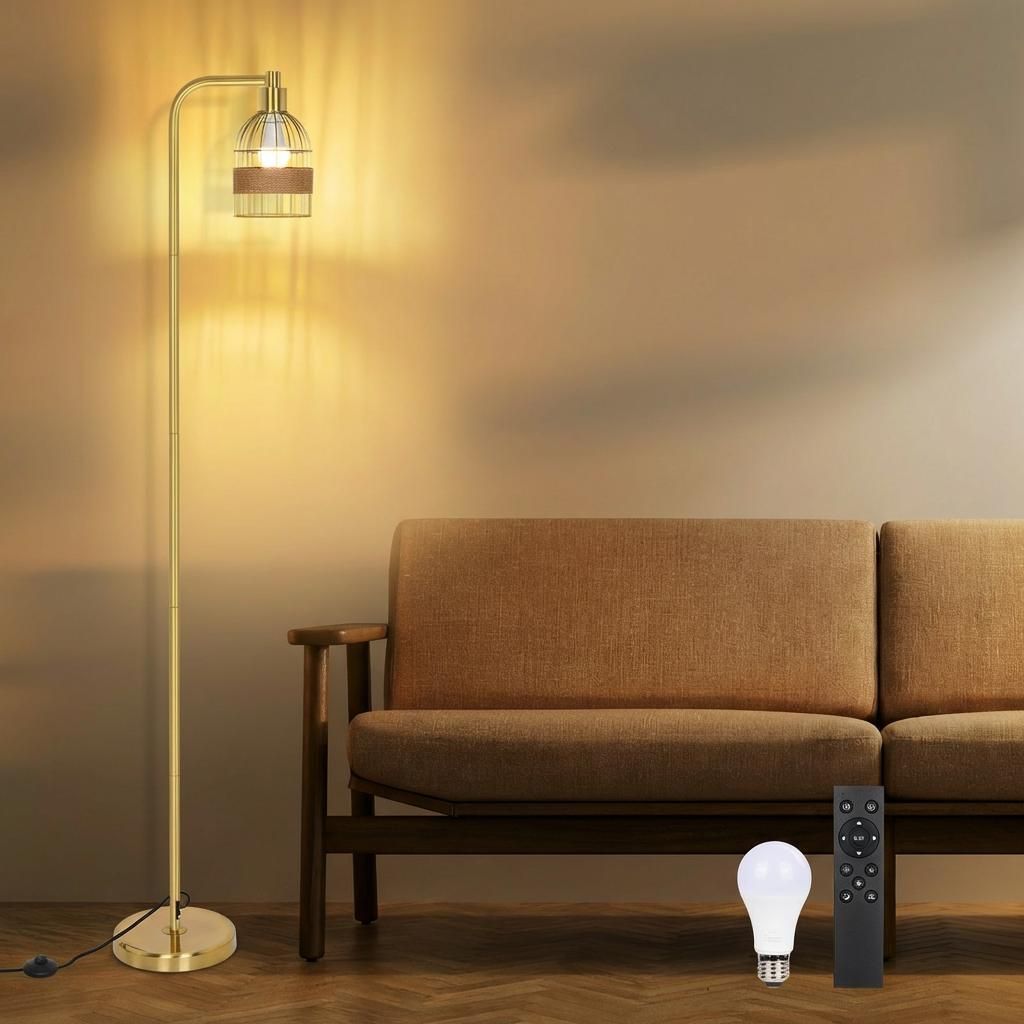Gold Stehlampe Wohnzimmer, 170cm Bogenlampe mit Leinenschirm & Fußschalter, mit Dimmbare E27 LED-Glühbirne, Modern Leselampe Schlafzimmer