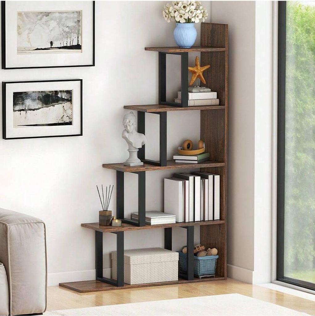 BALCONERA Schwarzes L-Formiges Eck-Bücherregal 5 Regale - Modern Minimalistisch, Freistehende Leiter, Mehrzweck-Aufbewahrungsregal für Wohnzimmer...