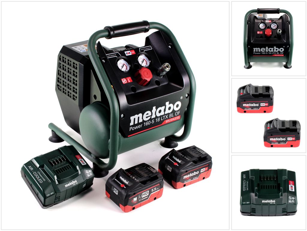 Metabo Power 160-5 18 LTX BL OF Akku Kompressor 18 V 8,0 bar Brushless + 2x LiHD Akkupack 5,5 Ah + Ladegerät