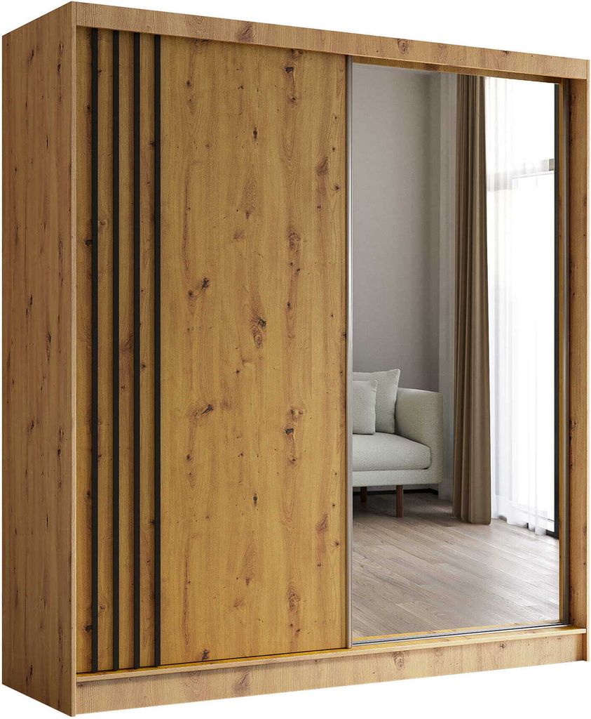 AGMAT Schwebetürenschrank Lugo, Kleiderschrank mit 2 Türen und Spiegel, Moderne Garderobe in Farbe: Artisan / Artisan, Schrank in Größe: 200 x ...