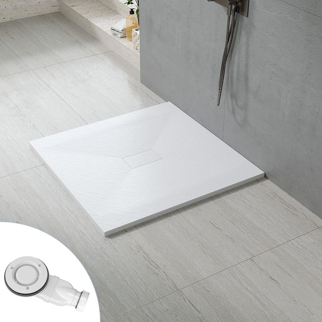 AQUALAVOS 100x100cm Rechteckige superflache SMC Duschtasse Antirutsch Weiß Steinoptik zuschneidbar bodenebene Montage Duschwanne mit Ablaufgarnitur
