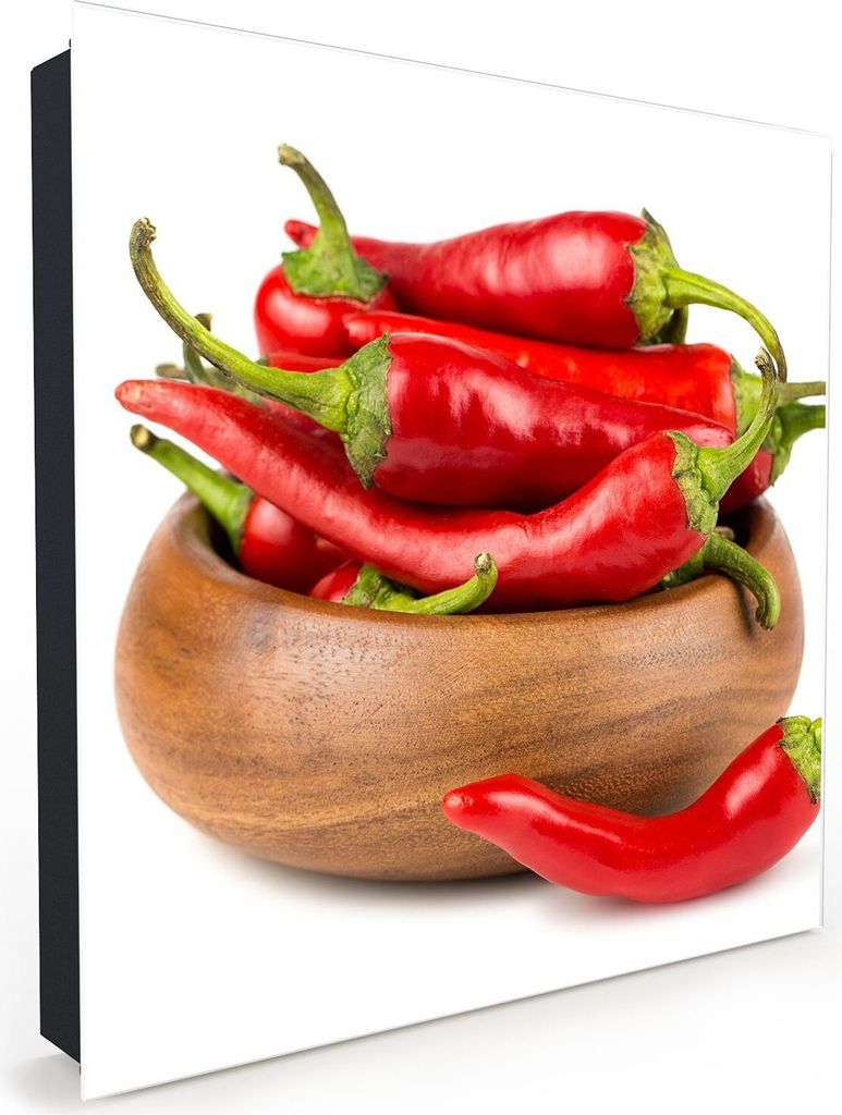 Nachbildung-Schlüsselkasten, Magnetpinnwand und Memoboard mit Glasfront Motiv Chilischoten in Schale