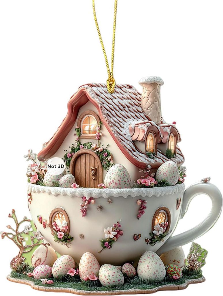 1 Stück Ostern Kaffeetasse Haus Ornamente Schokoladenbecher Hasenhaus Anhänger 2D Acryl Heiße Kakaotasse Frühling Ornament für Urlaub Wohnkultur