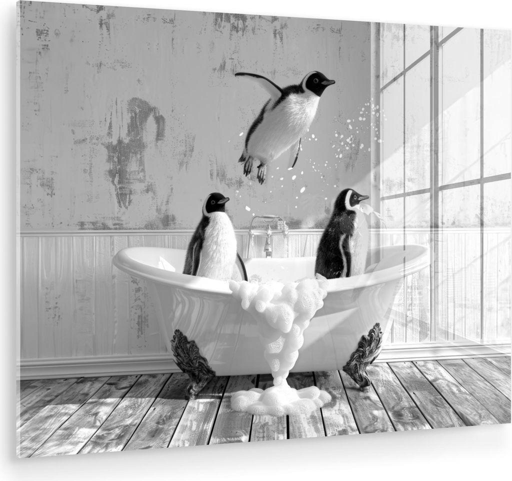 MuchoWow Glasbilder - Bilder auf Wandbild - Foto auf Glas Pinguine - Vintage - Tiere - Schwarz - Weiß 40x30 cm Wanddekoration aus Glas - Acrylglas...