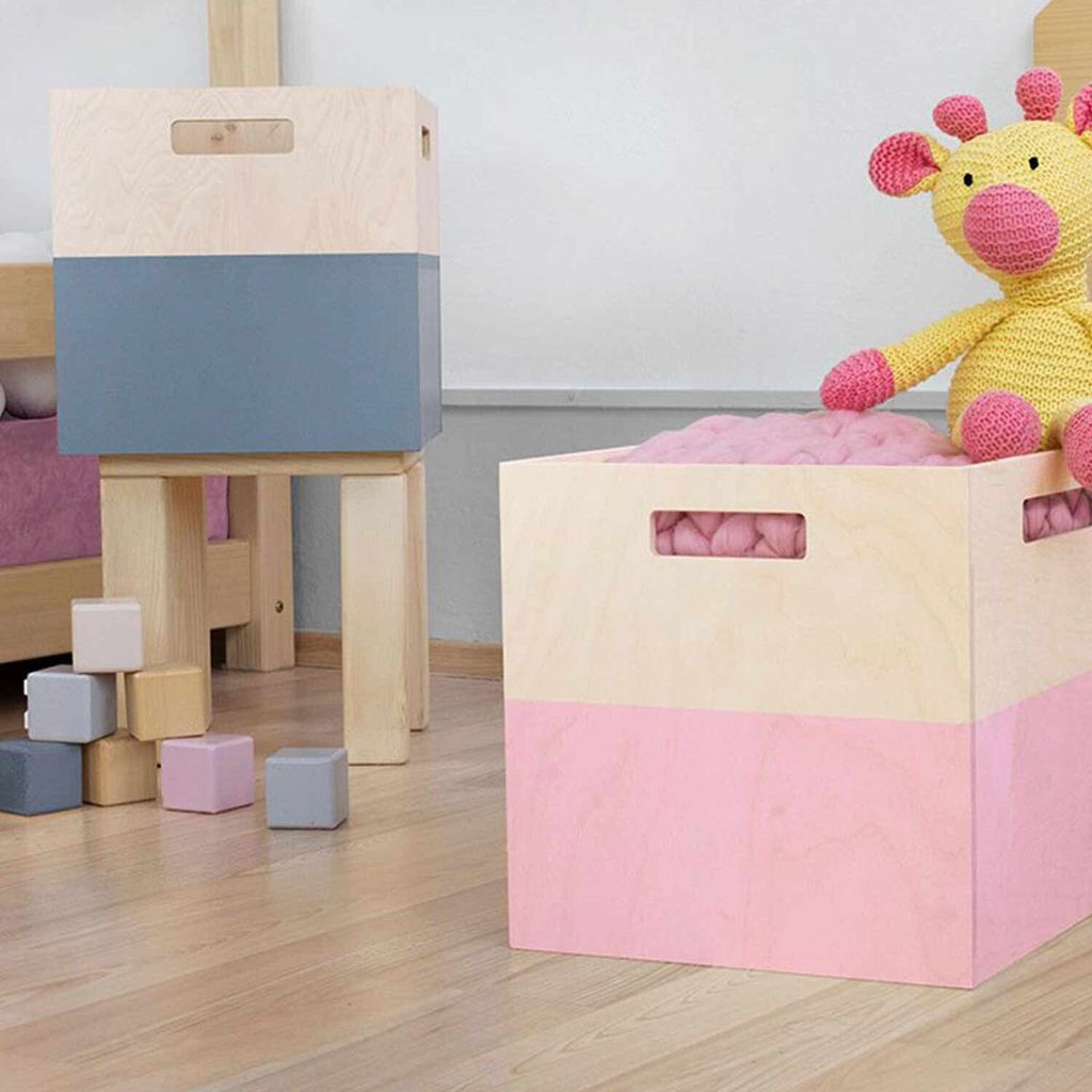 Aufbewahrungsbox aus Holz Modell 1 - mit Griffen - Rosa und Naturholzfarbe - 33 x 33 x 37 cm