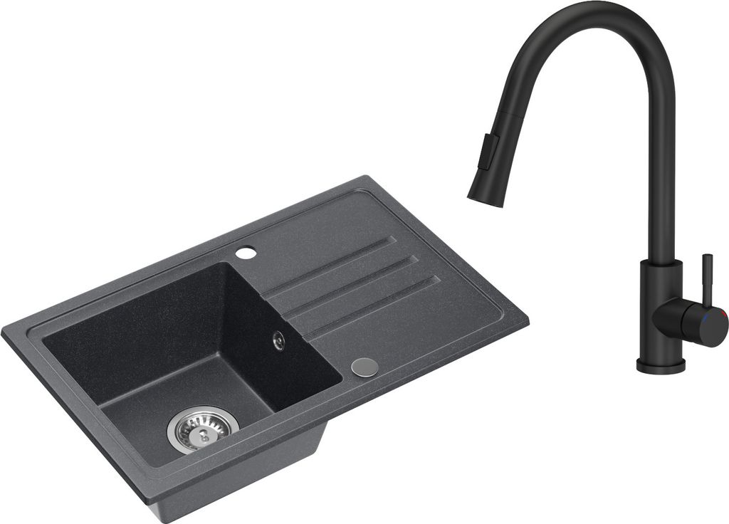 VBChome Spülbecken Granit Schwarz mit Armatur 70 x 44 cm Einzelbecken Einbauspüle Gesprenkelt Reversibel Granitspüle Siphon Waschbecken Schwarz ...