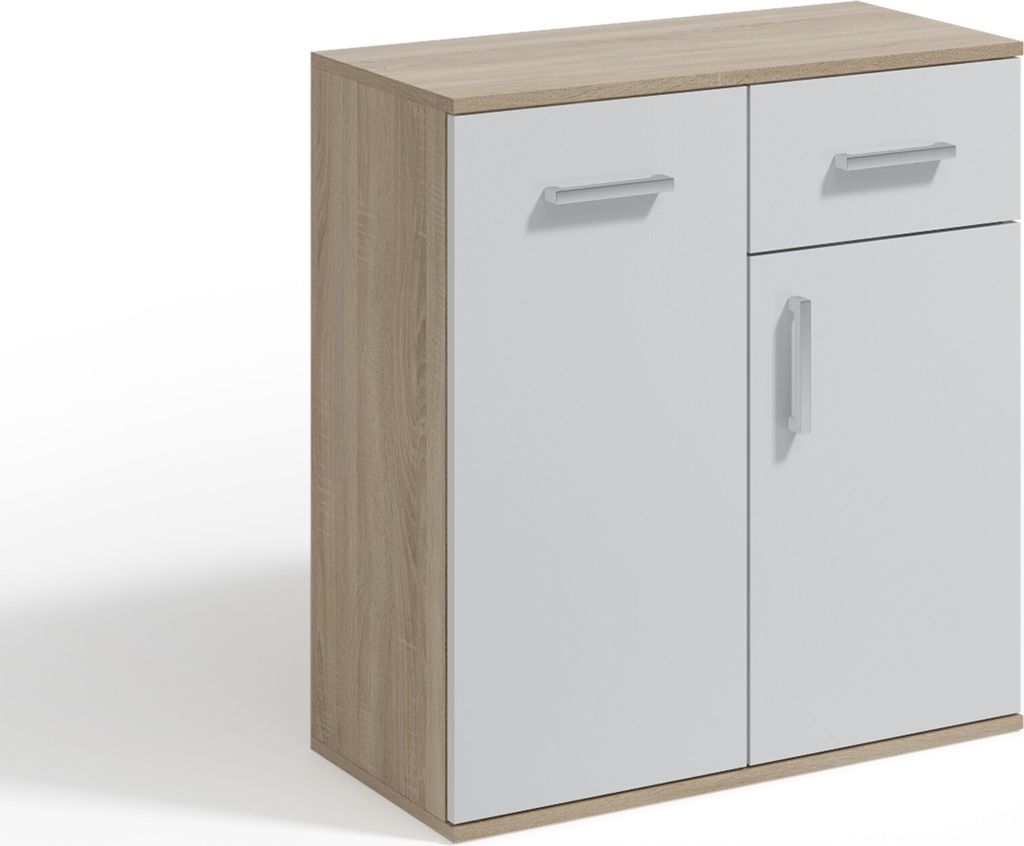 Masseno Kommode GIACOMO I 75 cm Sideboard mit 1 Schubladen und 2 Türen für Wohnzimmer Schlafzimmer Modern 75x33x85 cm Sonoma Eiche / Weiß
