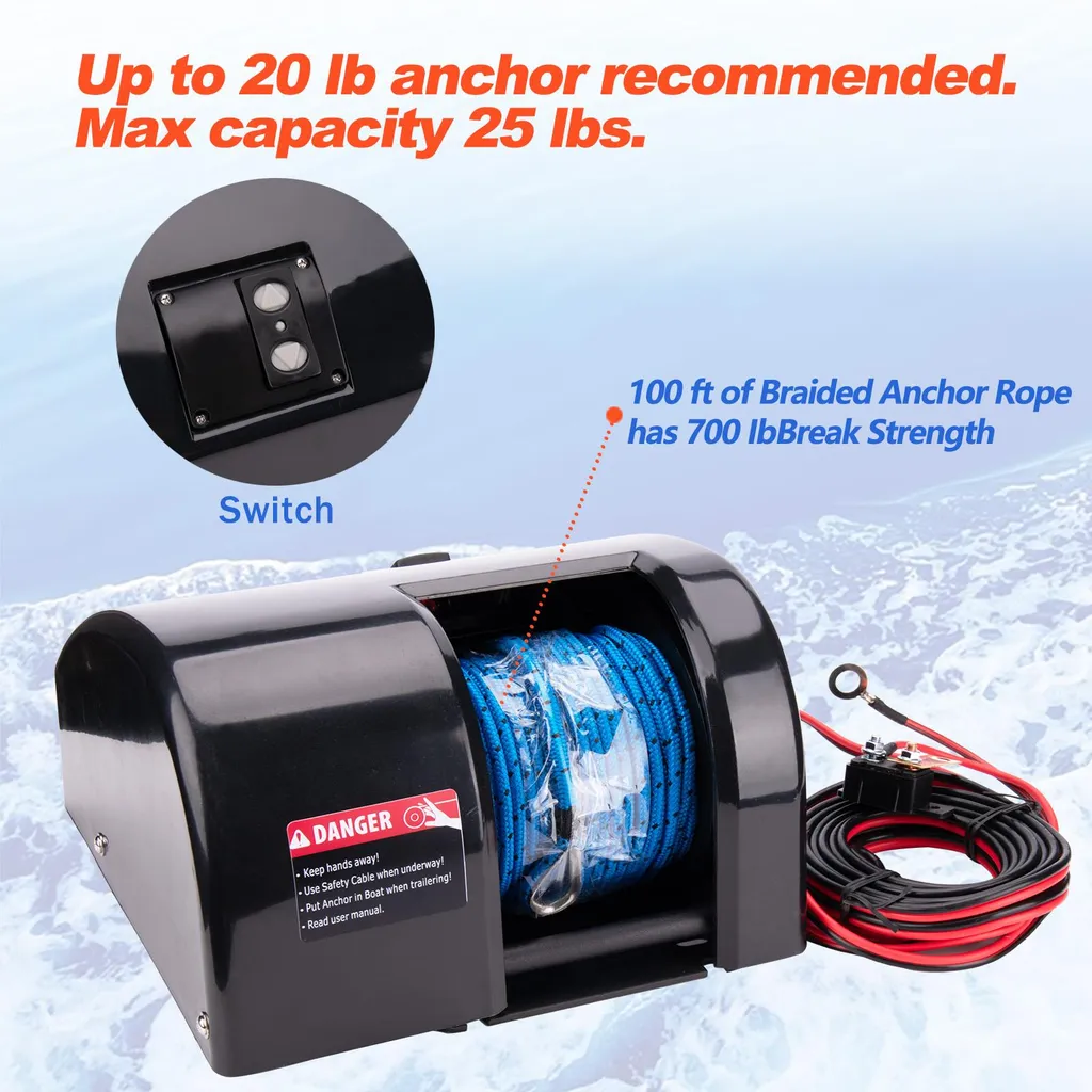 Guindeau électrique pour bateau de pêche, câble 30m et levage 11kg noir - 3