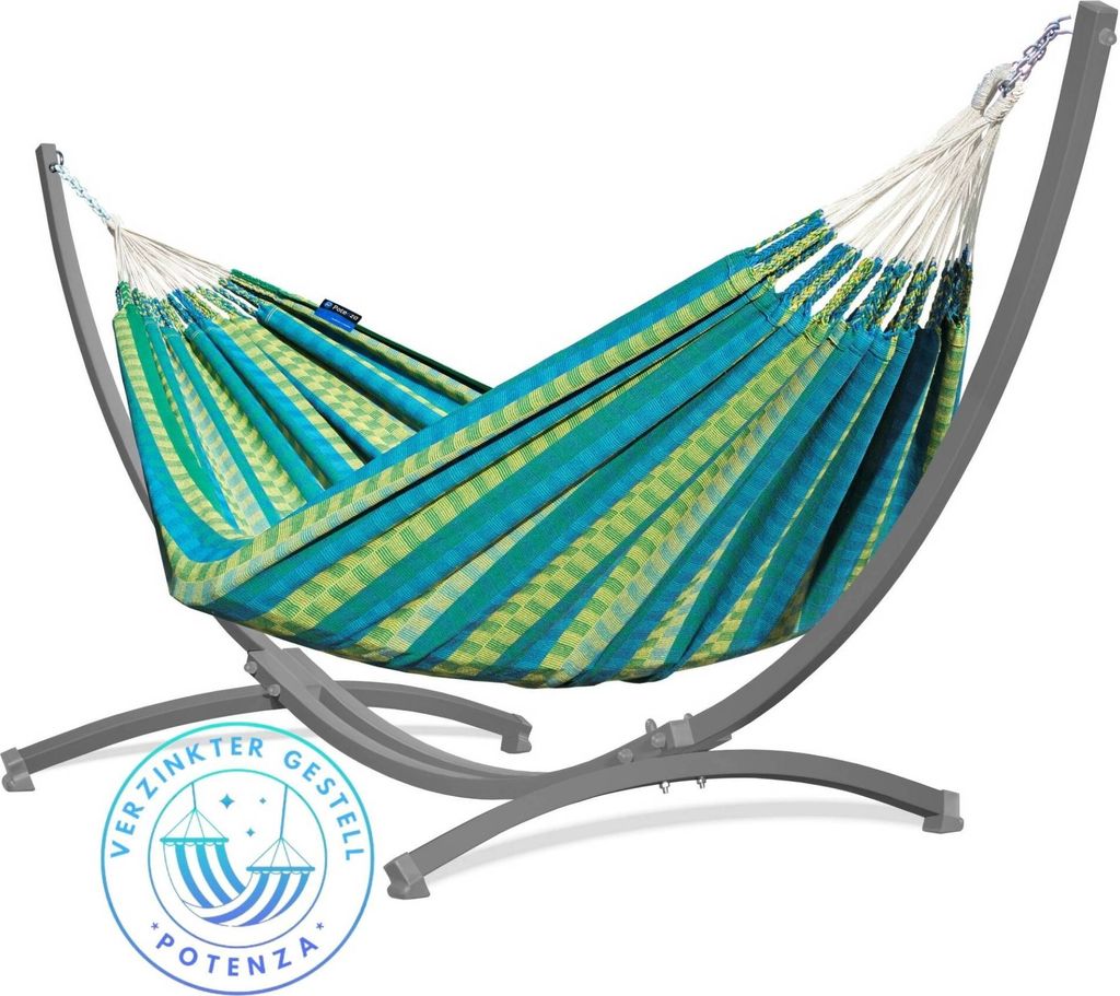 Potenza Outdoor Hängematte mit Verzinkter Gestell für 2 Personen I 100% Baumwolle Morena Doppelhängematte 230x160 cm, 220kg I Grau Hängematten...