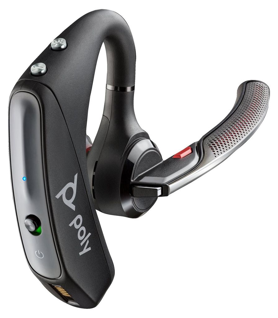 A close-up studio shot of a black and silver Bluetooth headset.