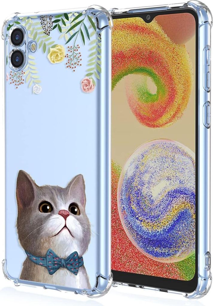 Hülle für Samsung Galaxy A04, transparent, Katze, bunte Blumen, süß, niedlich