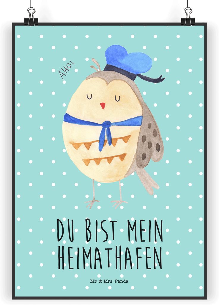 Mr. & Mrs. Panda Bild Eule Matrose DIN A4 - Türkis Pastell - Geschenk, kunstdruck poster, Wandbild, drucke, Ehe, wanddruck, Freundin, Heimathafen,...