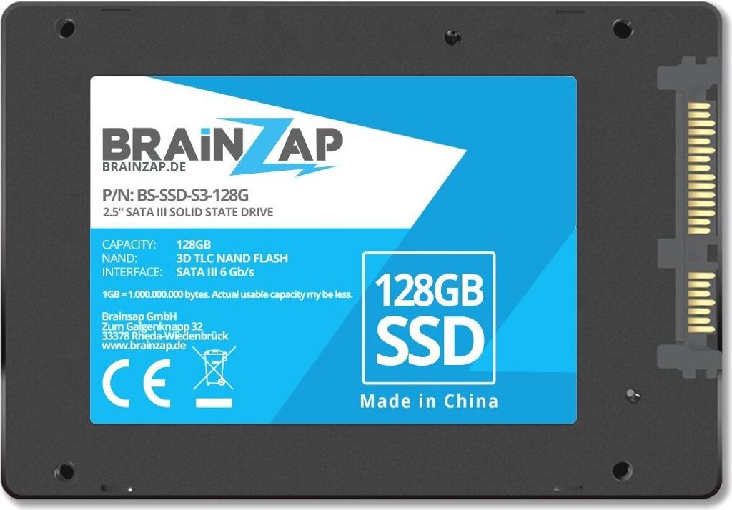 BRAINZAP 128GB SATA III 2.5 Zoll SSD 6 GBit/s - 500MB/s Lesen 400MB/s Schreiben Solid State Drive