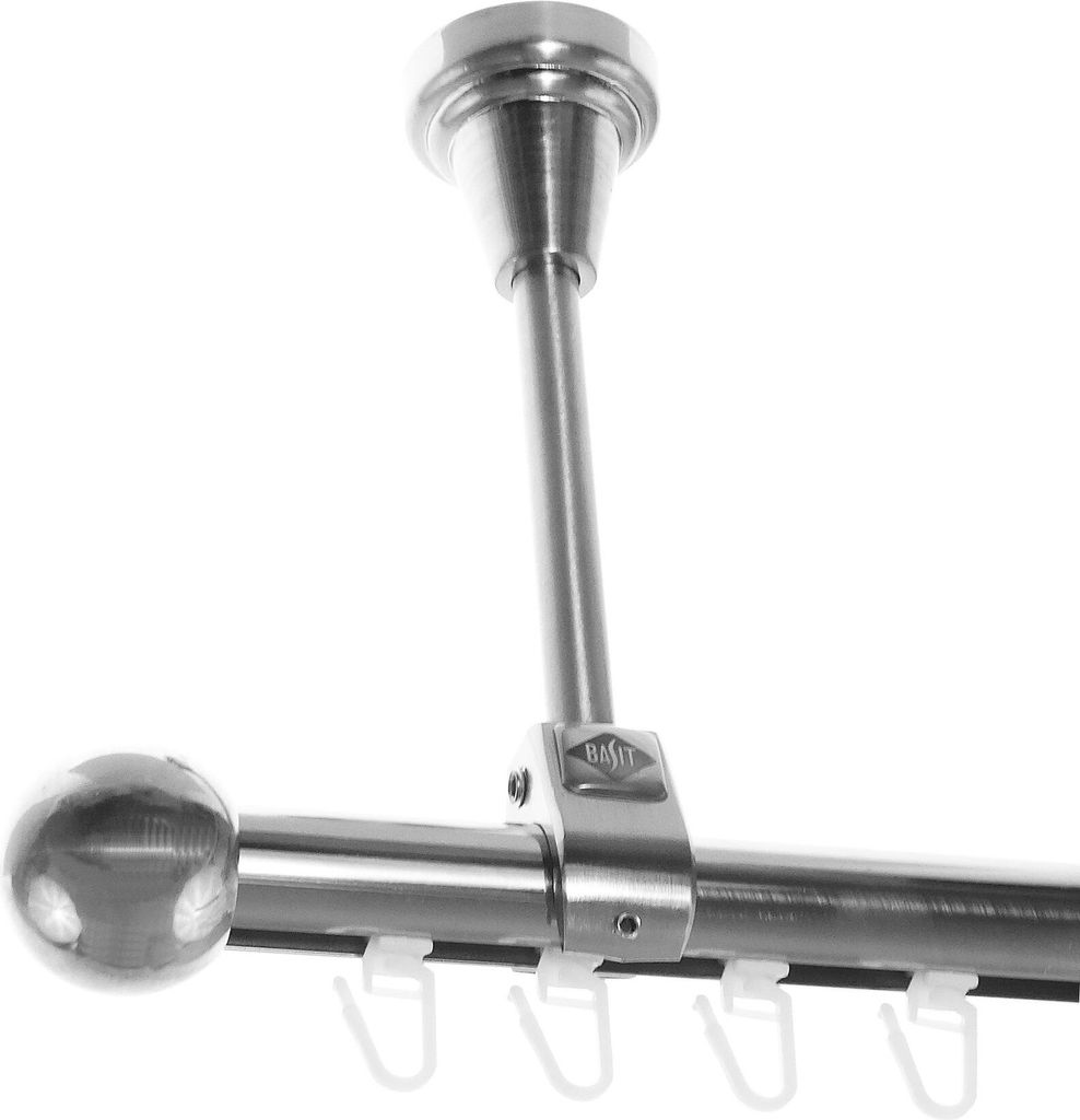 Innenlauf Edelstahl Look Gardinenstange 20mm Deckenträger 1-läufig Kugel, Länge wählbar D51 E33 I