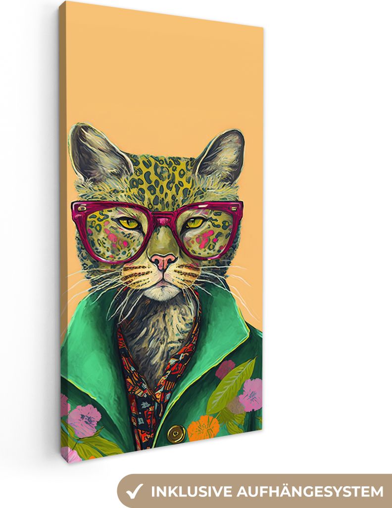 MuchoWow - Leinwandbilder - Tiere - Katze - Brille - Blumen - Hippie, Wandbild, Wanddeko Bilder Wohnzimmer, 20x40 cm