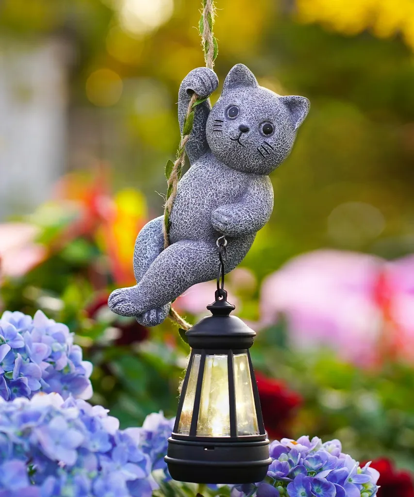 Figurine chat solaire suspendue en résine pour décoration de jardin 30cm
