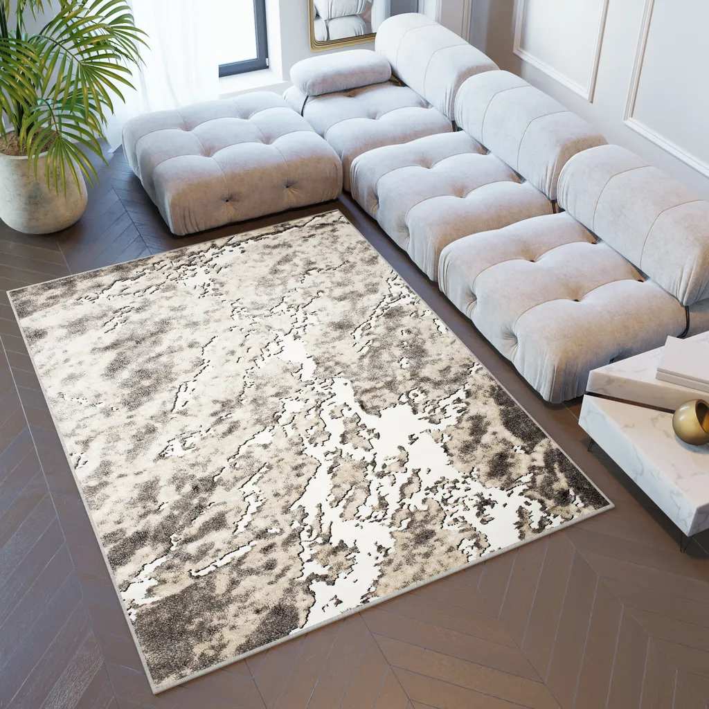 Tapis Design Scandinave Effet 3D Chiné Beige et Marron Luxe 140x190cm