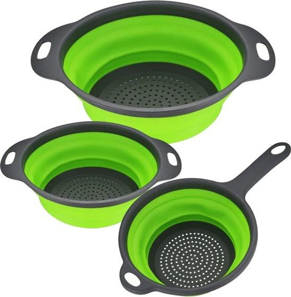 Passoire silicone pliable verte - 3 pièces pour gagner de la place