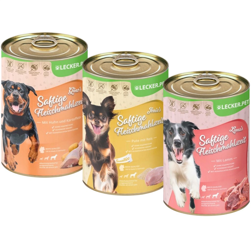 18 x 400 g Lecker.Pet Gino's, Josie's & Luna's Saftige Fleischmahlzeit Hundefutter Nassfutter Mix Vollnahrung - je Sorte 6 Dosen