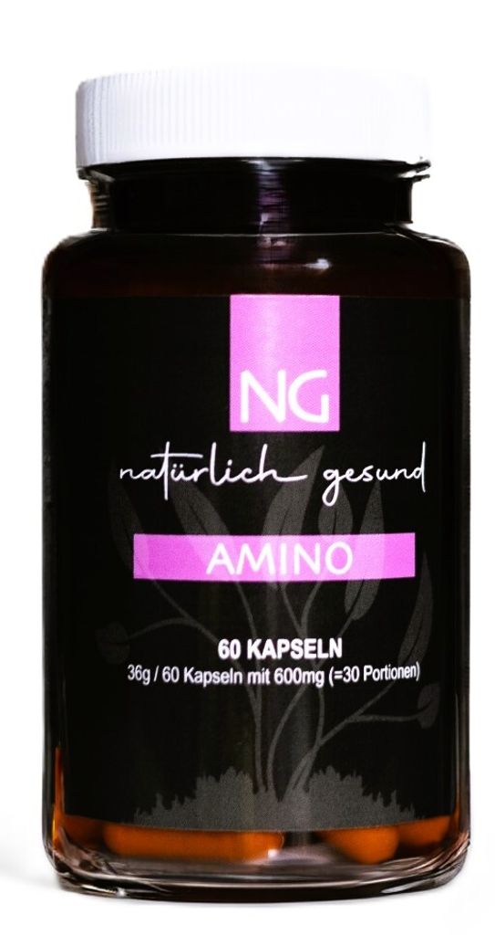 NG natürlich gesund Amino, hochdosierte Aminosäuren, 60 Kapseln, , vegan, Tagesbedarf 2x1 Kapsel mit ausreichend Wasser einnehmen.