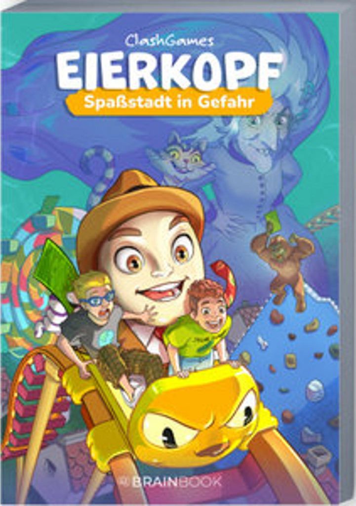 A cartoon illustration of characters on a roller coaster with a fantastical background.