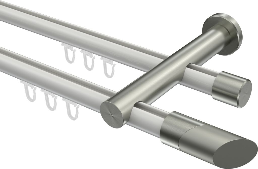Interdeco Innenlaufstange / Gardinenstange mit Innenlauf Weiß / Edelstahl-Optik, Typ Platon Verano (Schräge Bicolor), 20 mm Ø 2-läufig, 200 cm