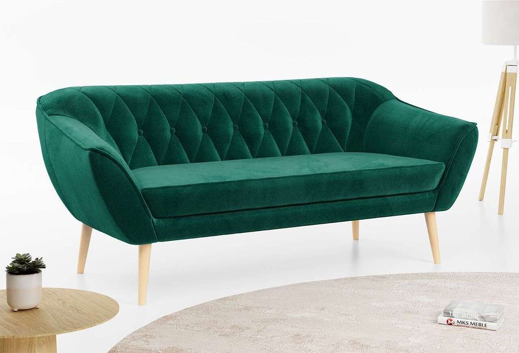 Sofa, Skandinavischer Stil, Holzbeine - PIRS - 3 Sitzer - Dunkelgrün - Velvet