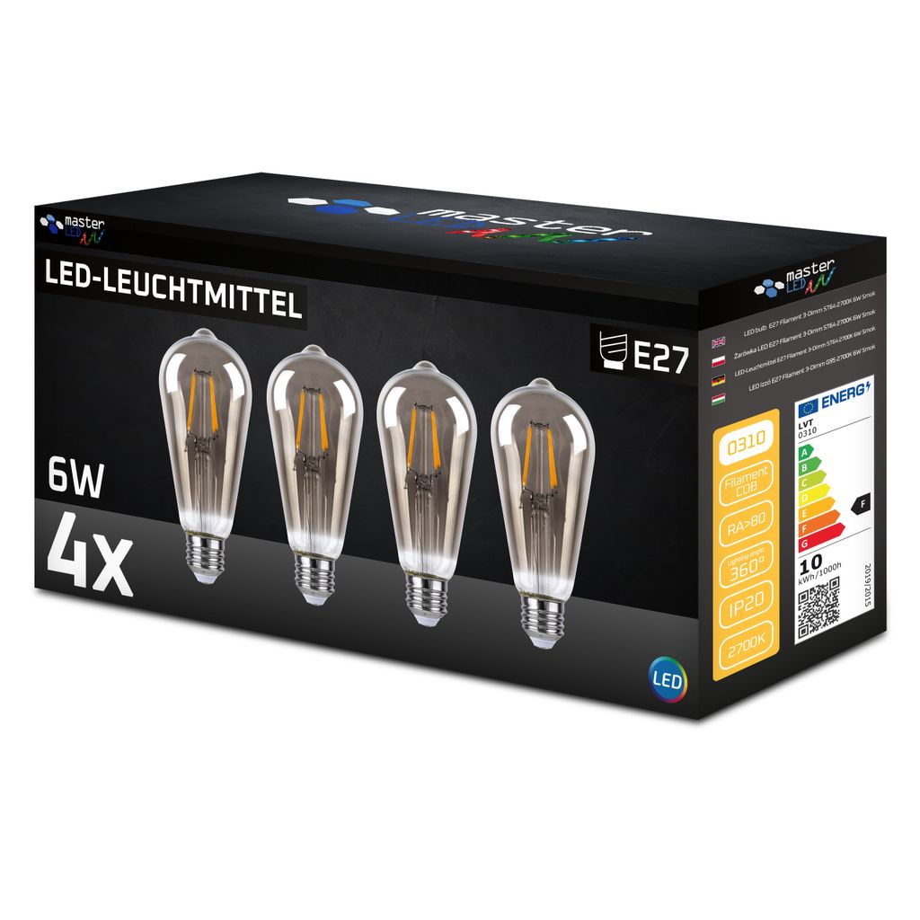 MasterLED E27 ST64 Filament 3-Dimm LED - 6W 650lm - Leuchtmittel - 2700K Warmweiß Rauch – 4er Set