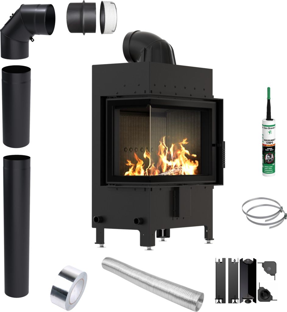 Kamineinsatz LUCY Links kamine 12 kW Ø 200 SCHWARZ Ökodesign Montagesatz Holz Wärmerückgewinnung