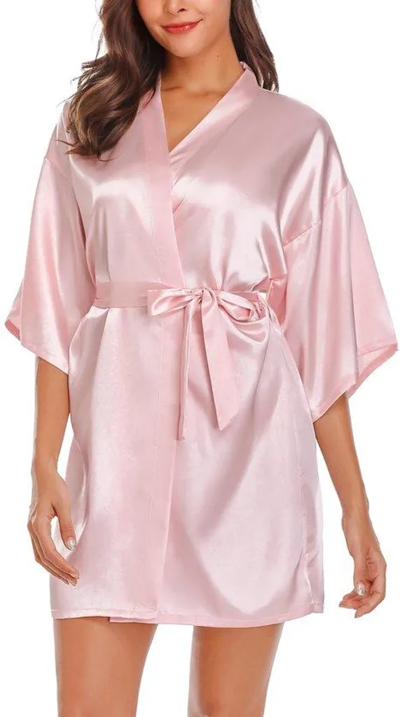 Kimono de Nuit Satin Rose pour Femme - Peignoir Court Léger et Chic