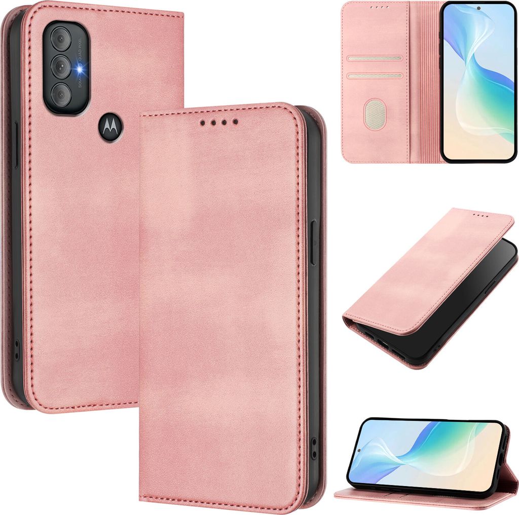 Handyhülle für Motorola Moto G Power 2022, Vintage Leder RFID Schutz Kartenfach Standfunktion Magnetische Klapphülle Pink
