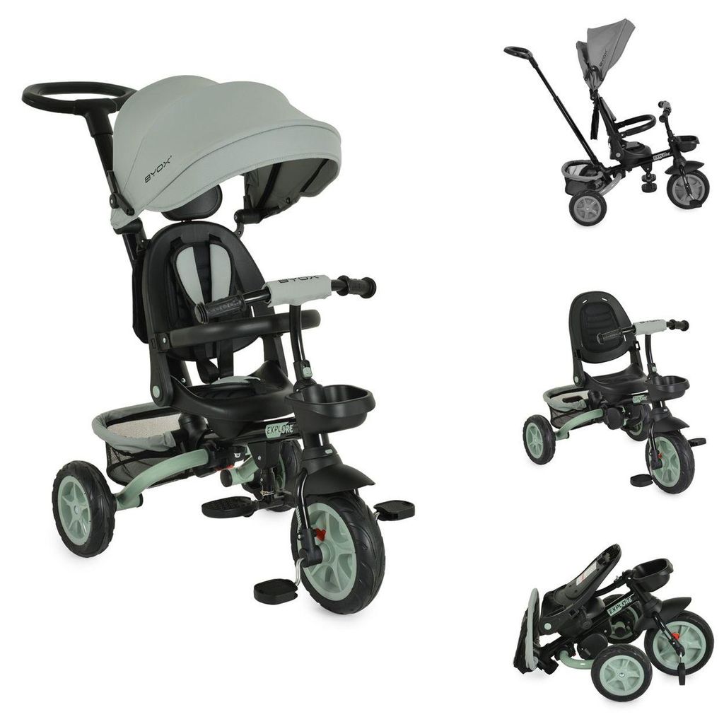 Byox Tricycle Explore 3 in 1 Dreirad umkehrbarer Sitz Schiebegriff Körbe Pedale hellgrün