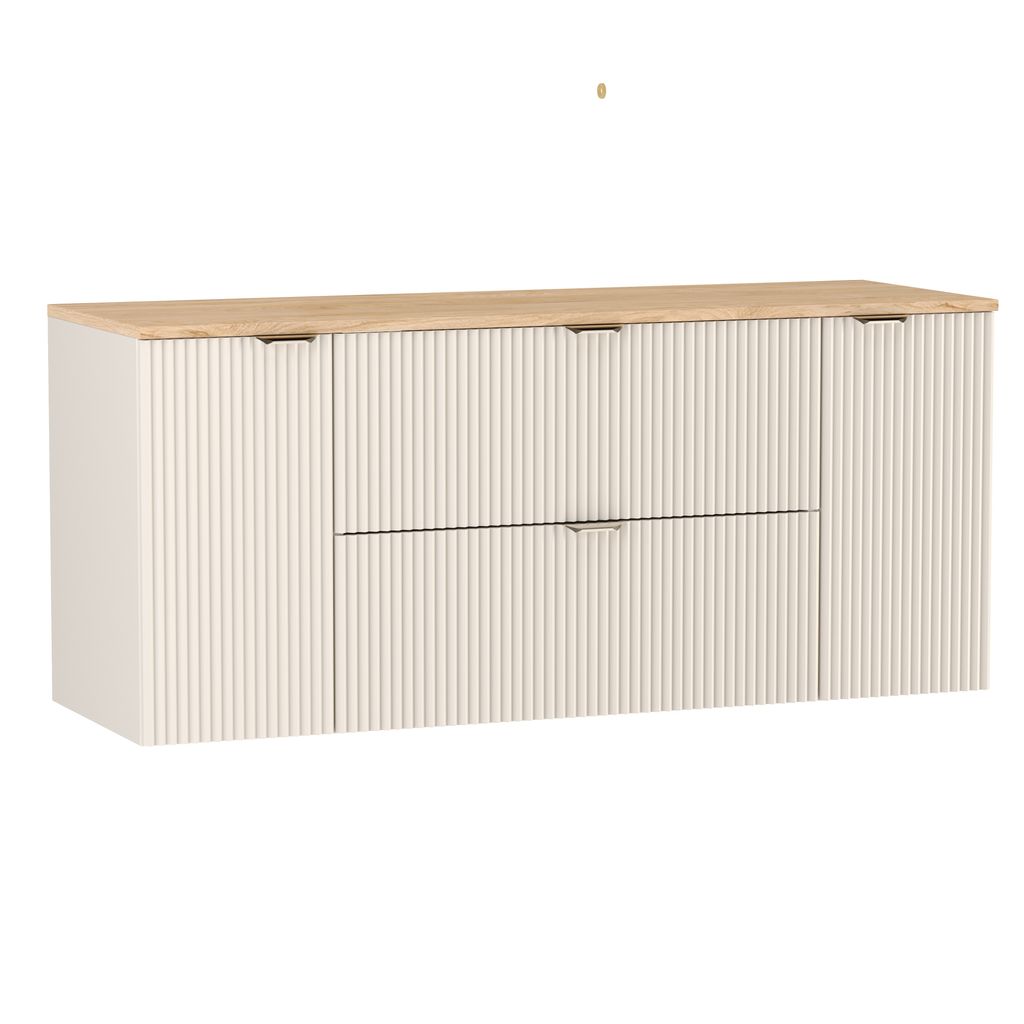 A white and wood vanity cabinet with fluted fronts and metal handles.