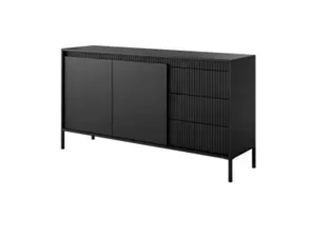 A black sideboard with two doors and three drawers on a white background.