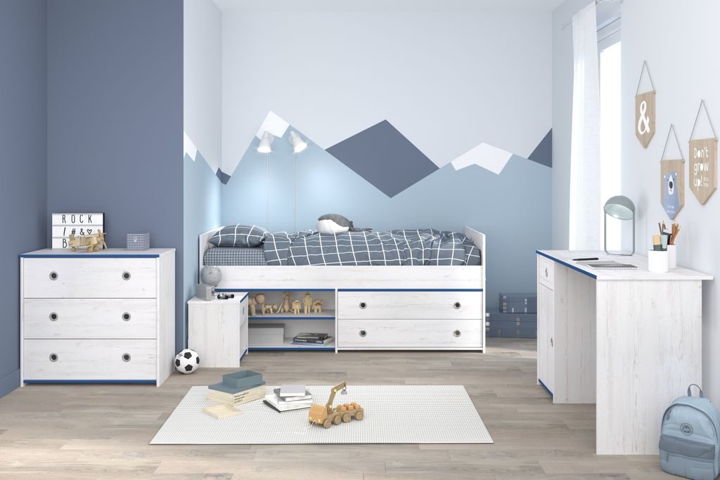 Jugendzimmer-Set >Smoozy 37< (3-teilig) Kleiderschrank, Schreibtisch, Bett, in Kiefer Weiß Nachbildung