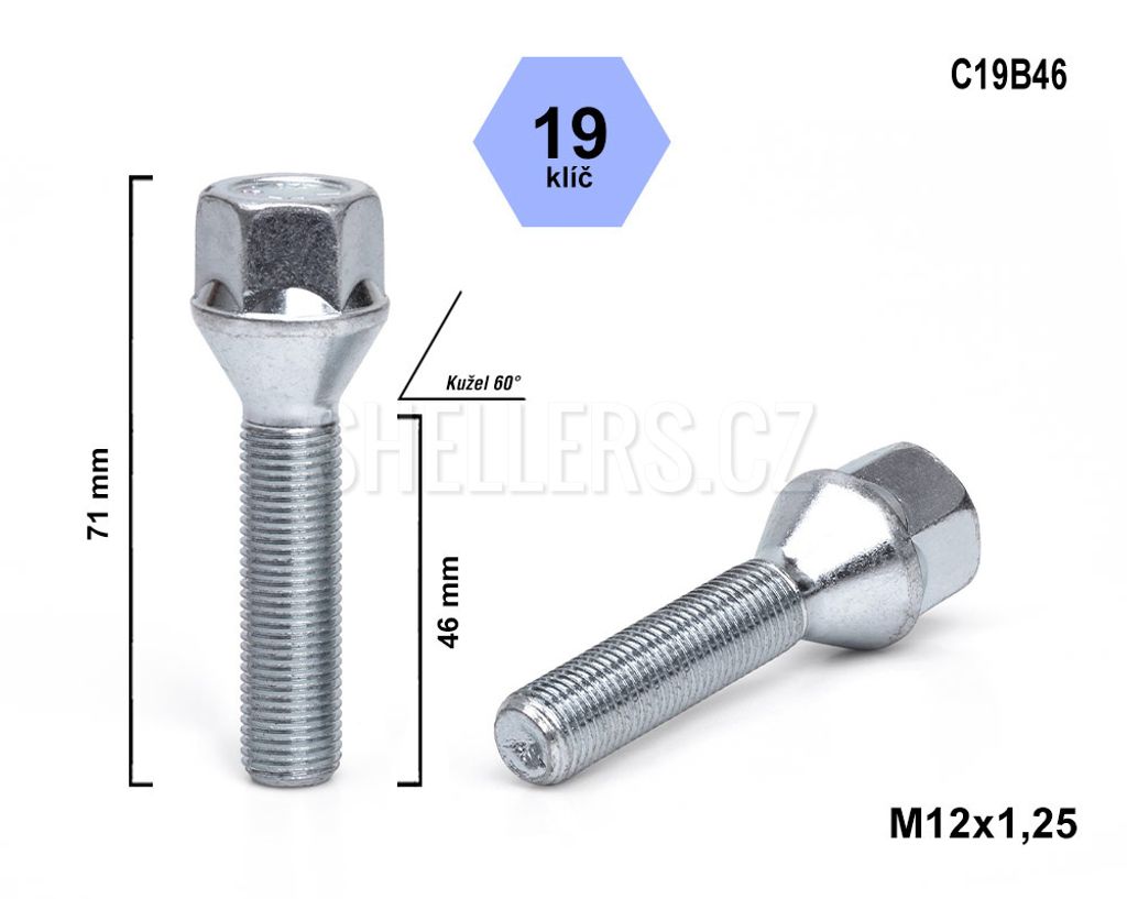 Kolový šroub M12x1,25x46 kužel, klíč 19, C19B46, výška 71 Obrázek produktu 