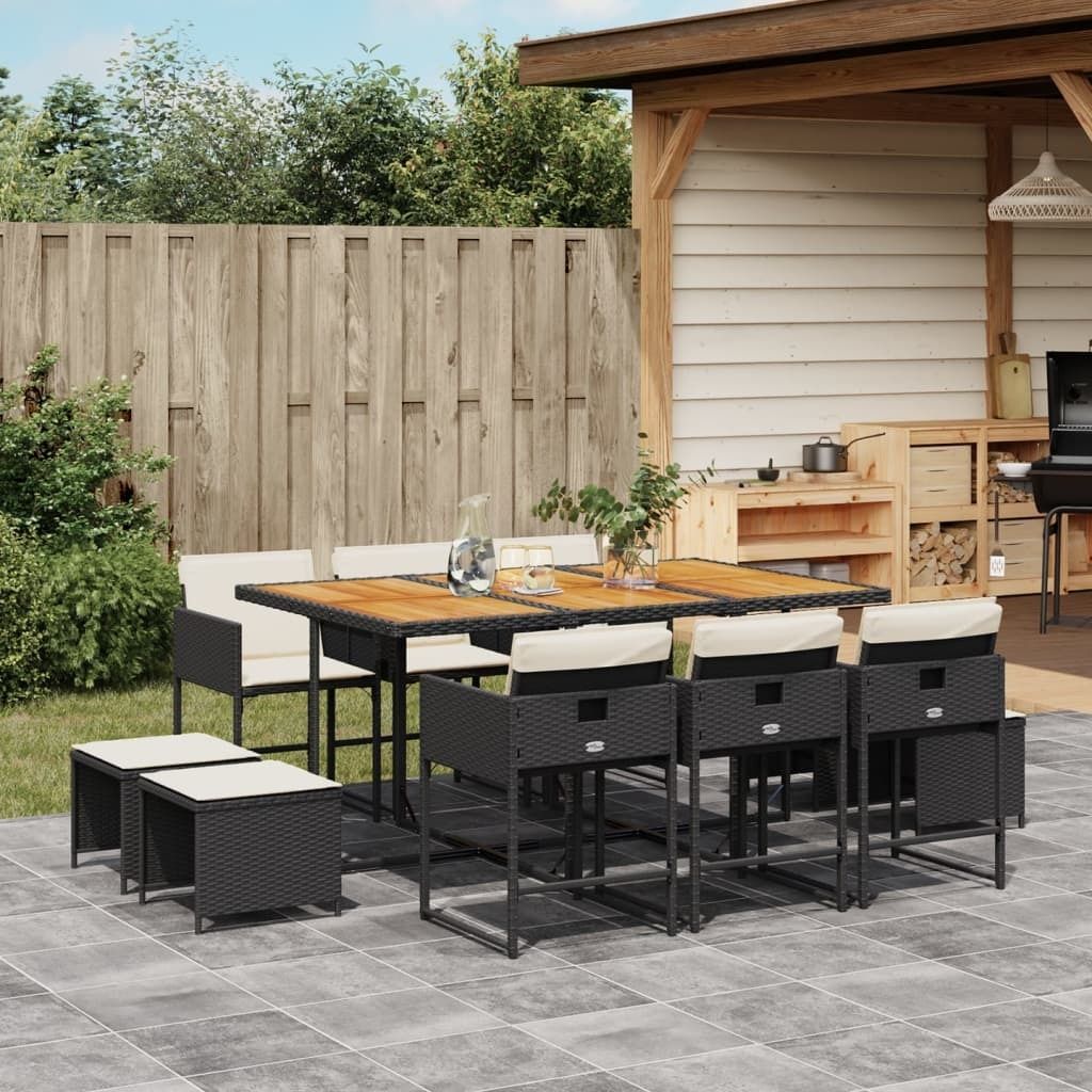 Maison Exclusive - 11-tlg. Garten-Essgruppe mit Kissen Schwarz Poly Rattan