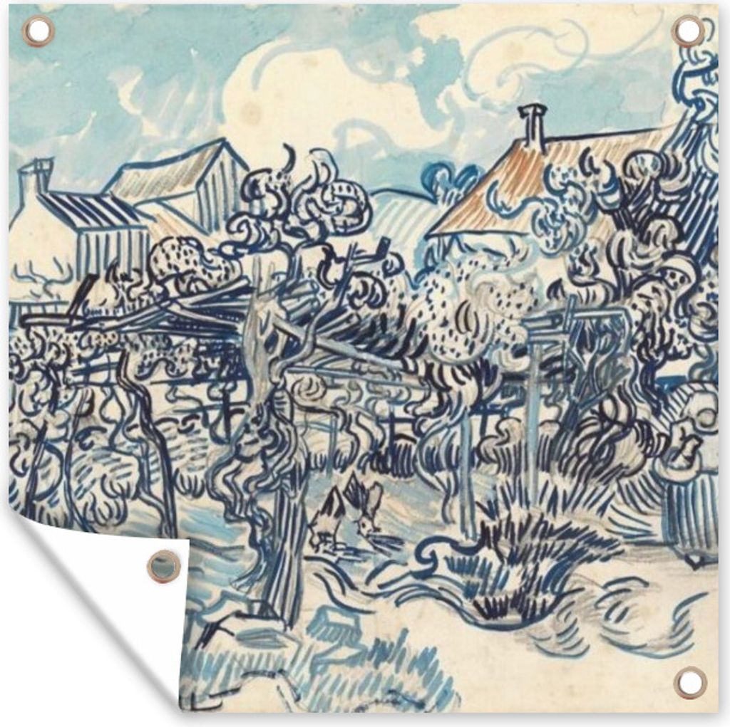 MuchoWow 50x50 cm Outdoor-Poster Gartendeko Sichtschutz Garten Poster für den Garten Alter Weinberg mit Bäuerin - Vincent van Gogh