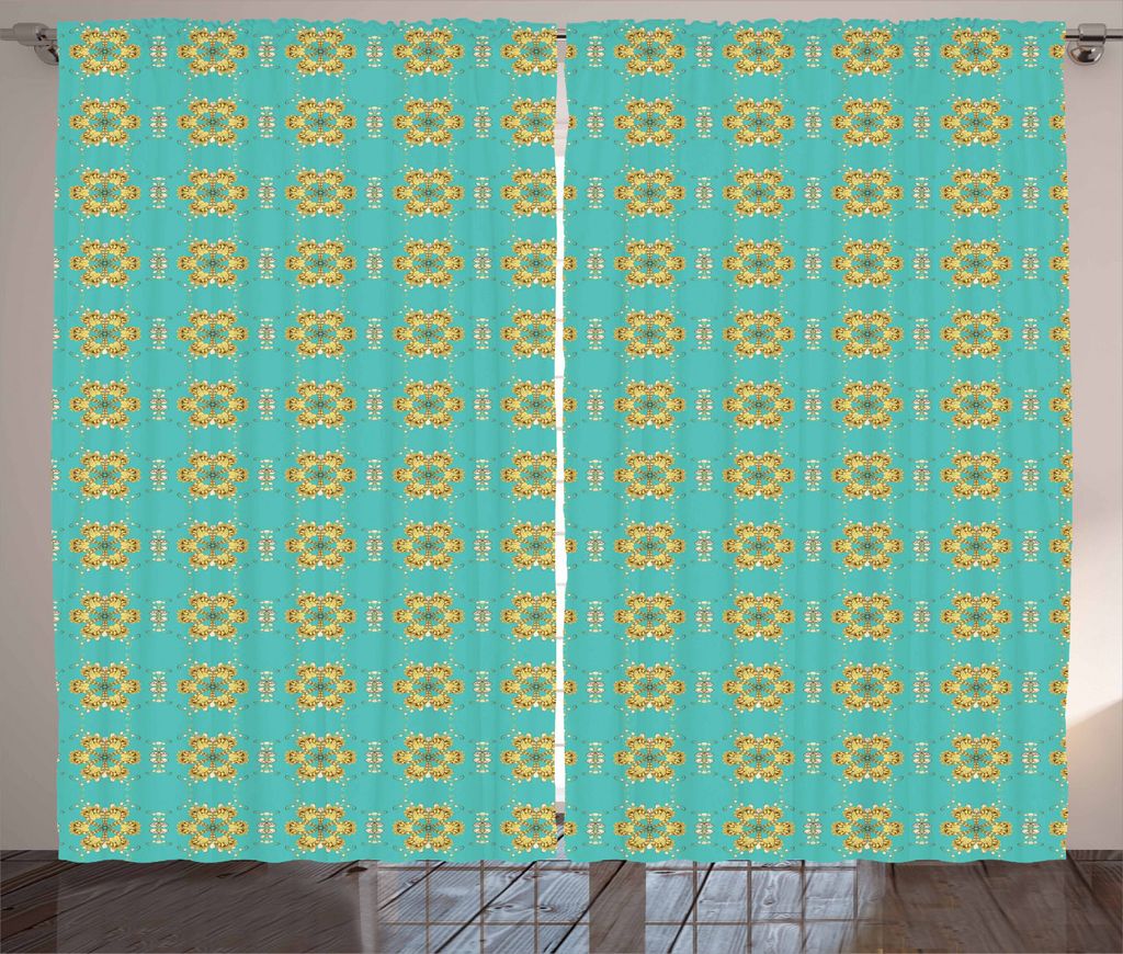 ABAKUHAUS Gelbes Damast Rustikaler Vorhang, Geometrische Fliese, Wohnzimmer Universalband Gardinen mit Schlaufen und Haken, 280 x 225 cm, Türkis G...