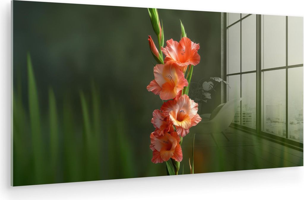 MuchoWow Glasbilder - Bilder auf Wandbild - Foto auf Glas Blume - Gladiolen - Lachsrosa 120x60 cm Wanddekoration aus Glas - Acrylglasbild - Acrylbi...