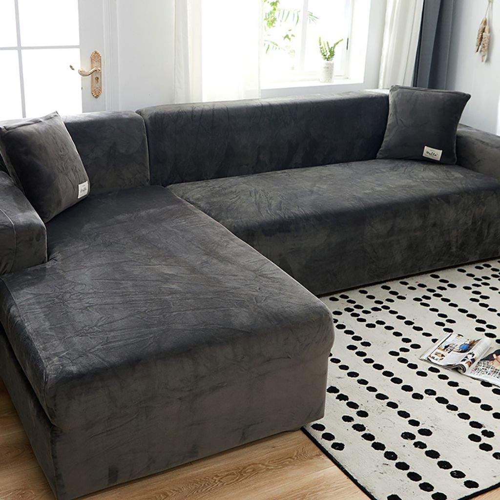 Sofabezug, Ecksofa, L-f?rmig, Stretch-Plš¹sch-Sofabezug, universeller Couchbezug fš¹r 1/2/3/4-Sitzer šC 4-Sitzer, Dunkelgrau (fš¹r L-f?rmige...