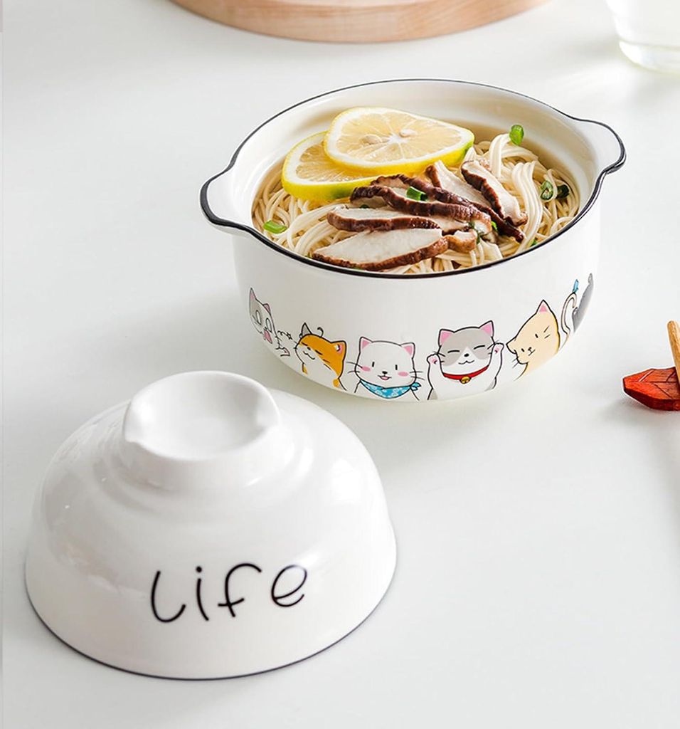 Ramenkom Set - Keramische Schüssel mit Deckel für Pasta und Suppe - Asiatisches Geschirr - Ideal für Getreide - Müsli-Schalen - Suppenschüssel...